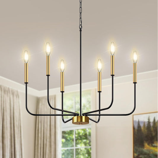 DORESshop 6-Light Modern Farmhouse Chandeliers for Dining Room, Light Fixture Adjustable Height, Black and Gold Chandeliers for Living Room, Bedroom and Foyer