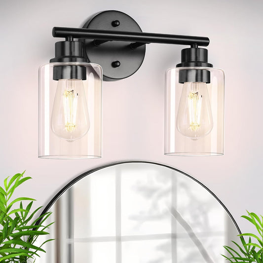 Bathroom Light Fixtures,2-Light Black Bathroom Lights Over Mirror with Clear Glass Shade,Vanity Lights for Bathroom Bedroom Living Room