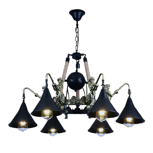 YANSUN 6-Light Black Mermaid Retro Chandelier, Ceiling Chandelier with Flared Shade for Living Room Dining Room Bedroom or Hotel