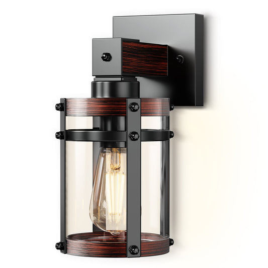 1-Light Outdoor Wall Sconce , Exterior Wall Lantern Light Fixtures Wall Mount Black and Wood Finish with Clear Seeded Glass for Entryway Porch Garage