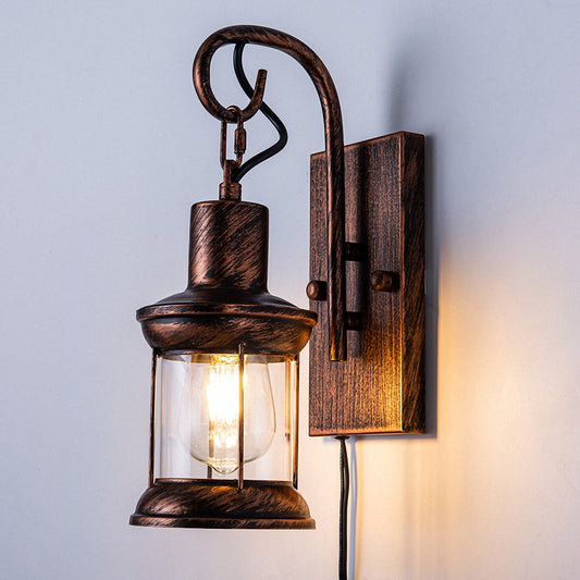 1 Light Rustic Wall Light, Antique Bronze Vintage Wall Light Fixture Hardwired Plug in Industrial Glass Shade Lantern Lighting Retro Lamp Metal Wall Sconce for Home Bedroom Dining Room