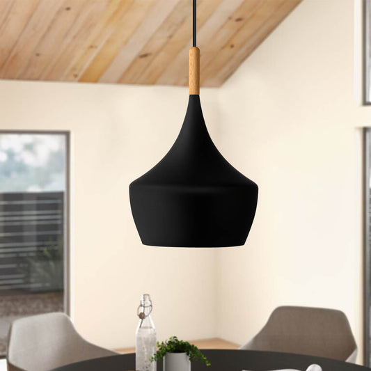 Nordic Matte Black Industrial Hanging Pendant Light, Black and Wood Finish for Dining Room Living Room Bedroom Bars
