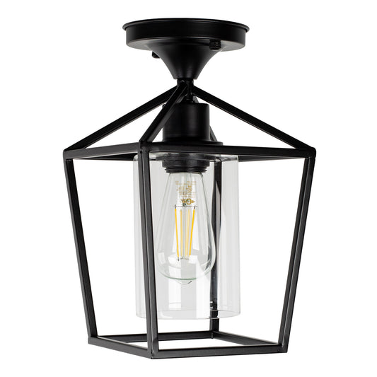 1 - Light Lantern Geometric Semi Flush Mount With Glass Shade for Entryway Porch Hallway Stairway Garage Living Room