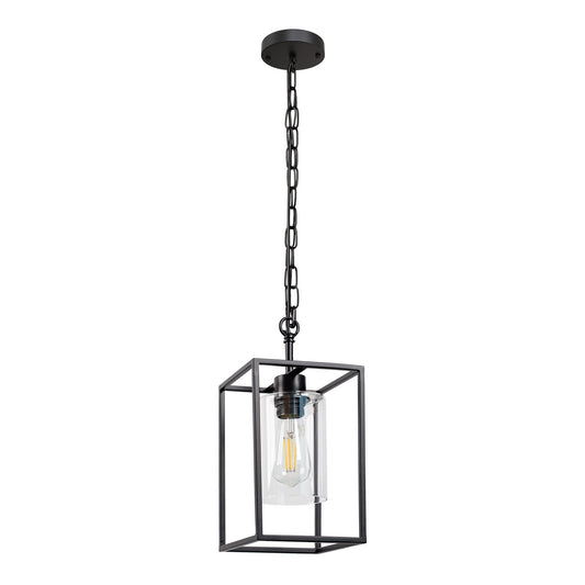 1-Light Industrial Metal Lantern Kitchen Pendant Light,Mini Black Finish with Clear Glass Shade,Adjustable Hanging Ceiling Light for Dining Room Kitchen Cafe Bar