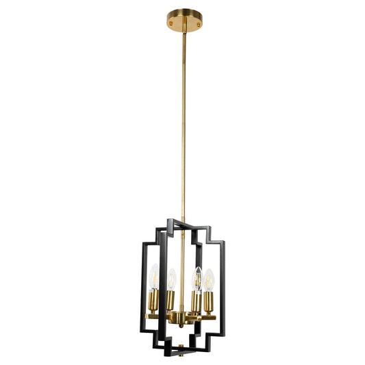 Farmhouse Chandelier Light Fixture, 4-Light Handmade Distressed Geometric Hanging Pendant Lighting for Dining Room, Kitchen Island, Entryway, stairwell,Black and Gold