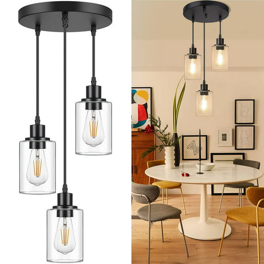 3-Light Pendant Light,Hanging Light Fixture with Clear Glass Shade, Mini Pendant Lighting for Kitchen Dining Room E26 Base, Black