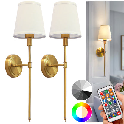 DORESshop Battery Operated Wall Sconce Set of 2, Wall Light Wireless Easy to Install Remote Control, Dimmable and Adjustable Sconces Wall Decor, Rechargeable Wall Lamp for Bedroom, Living Room, Gold