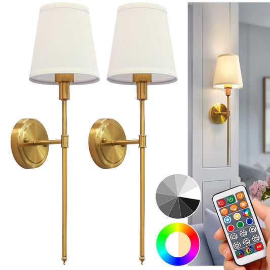 DORESshop Battery Operated Wall Sconce Set of 2, Wall Light Wireless Easy to Install Remote Control, Dimmable and Adjustable Sconces Wall Decor, Rechargeable Wall Lamp for Bedroom, Living Room, Gold