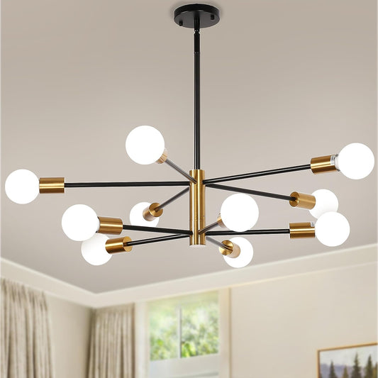 DORESshop Modern Sputnik Chandelier -10-Light Ceiling Light Fixture Height Adjustable Mid Century Plating Finished Black and Gold Chandeliers for Dining Room Living Kitchen Foyer