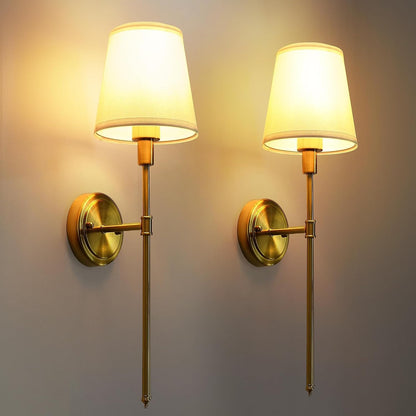 DORESshop Wall Sconces Sets of 2，Hardwired Column Stand Sconces Wall Lighting,Classic Brushed Brass Wall Lamp with Fabric Shade，Wall Lamps for Living Room Bedroom Kitchen