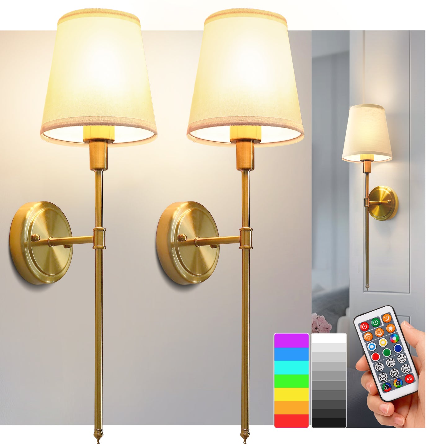 DORESshop Battery Operated Wall Sconce Set of 2, Wall Light Wireless Easy to Install Remote Control, Dimmable and Adjustable Sconces Wall Decor, Rechargeable Wall Lamp for Bedroom, Living Room, Gold