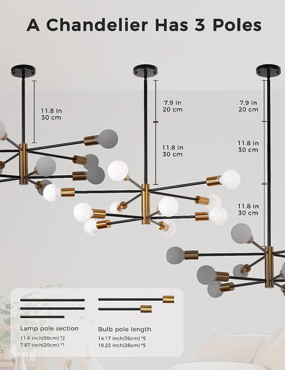 DORESshop Modern Sputnik Chandelier -10-Light Ceiling Light Fixture Height Adjustable Mid Century Plating Finished Black and Gold Chandeliers for Dining Room Living Kitchen Foyer