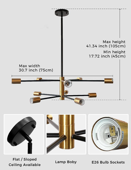 DORESshop Modern Sputnik Chandelier -10-Light Ceiling Light Fixture Height Adjustable Mid Century Plating Finished Black and Gold Chandeliers for Dining Room Living Kitchen Foyer