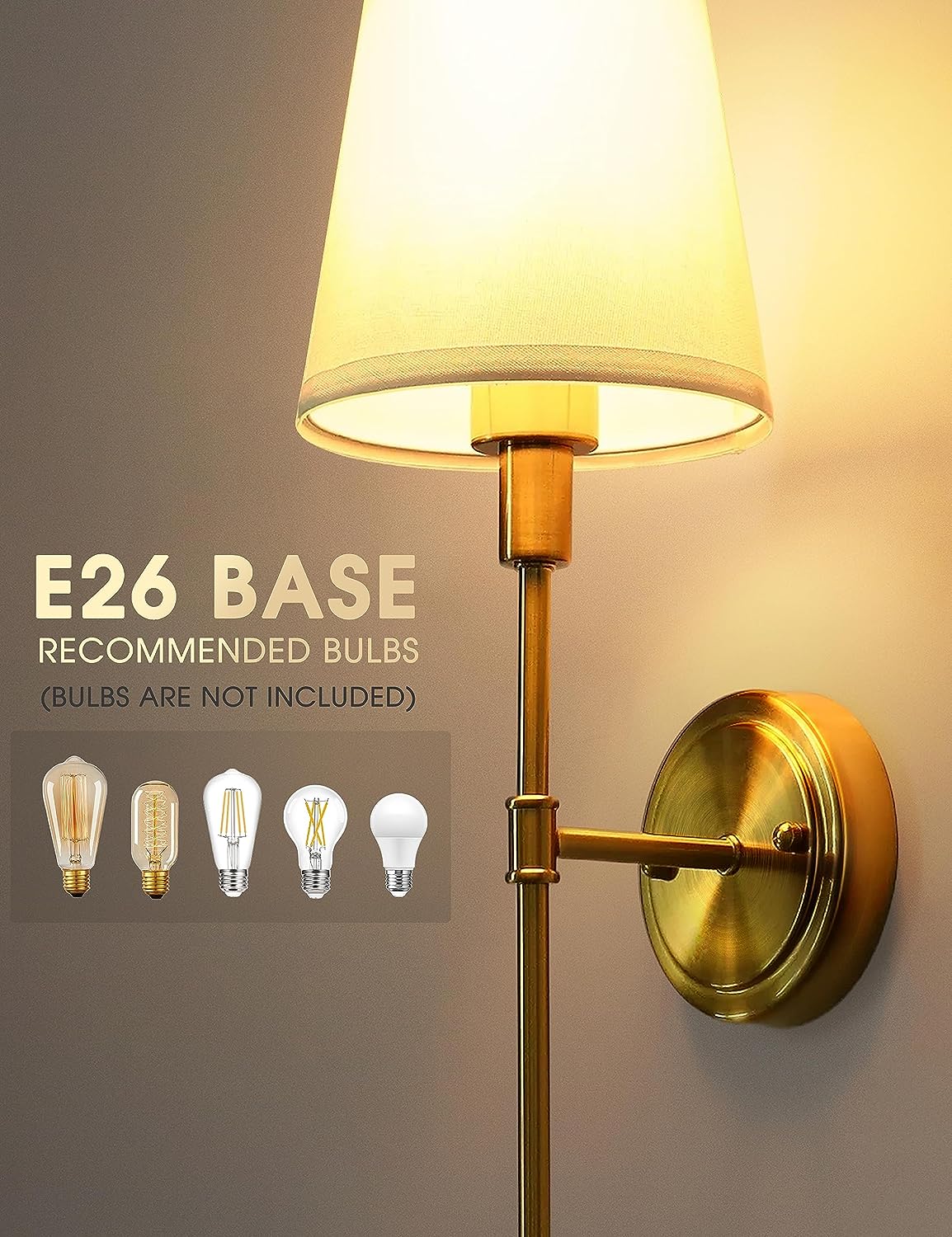DORESshop Wall Sconces Sets of 2，Hardwired Column Stand Sconces Wall Lighting,Classic Brushed Brass Wall Lamp with Fabric Shade，Wall Lamps for Living Room Bedroom Kitchen