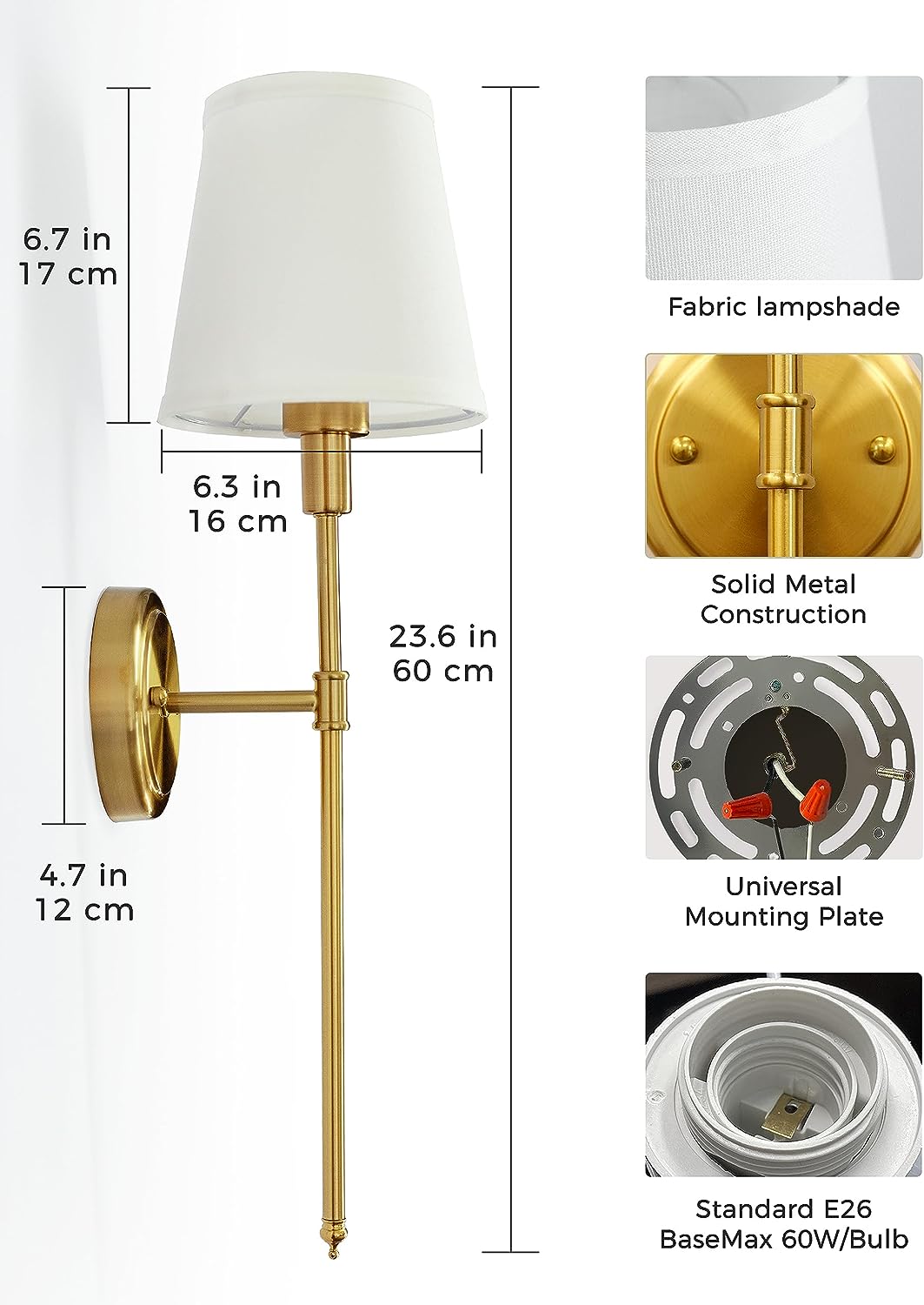 DORESshop Wall Sconces Sets of 2，Hardwired Column Stand Sconces Wall Lighting,Classic Brushed Brass Wall Lamp with Fabric Shade，Wall Lamps for Living Room Bedroom Kitchen