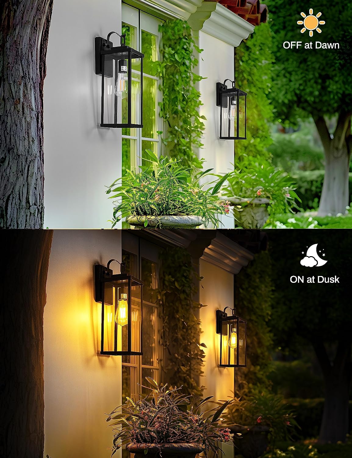 DORESshop Large Size Dusk to Dawn Outdoor Wall Light,Exterior Waterproof Sensor Wall Lanterns Matte Black Anti-Rust Wall Mount Light with Clear Glass Shade for Porch, Garage, Doorway, 2 Pack