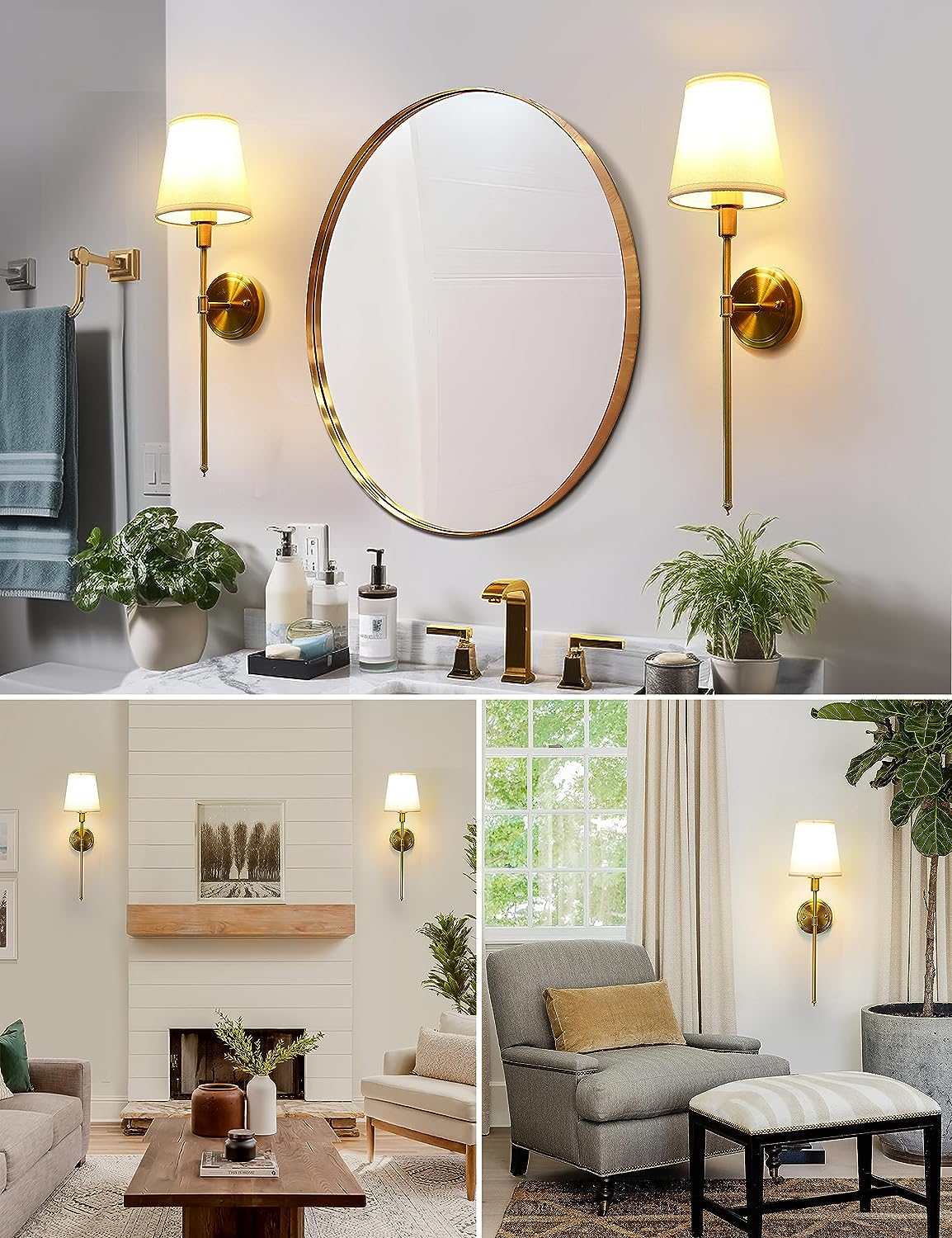 DORESshop Wall Sconces Sets of 2，Hardwired Column Stand Sconces Wall Lighting,Classic Brushed Brass Wall Lamp with Fabric Shade，Wall Lamps for Living Room Bedroom Kitchen