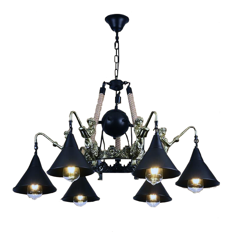 YANSUN 6-Light Black Mermaid Retro Chandelier, Ceiling Chandelier with Flared Shade for Living Room Dining Room Bedroom or Hotel