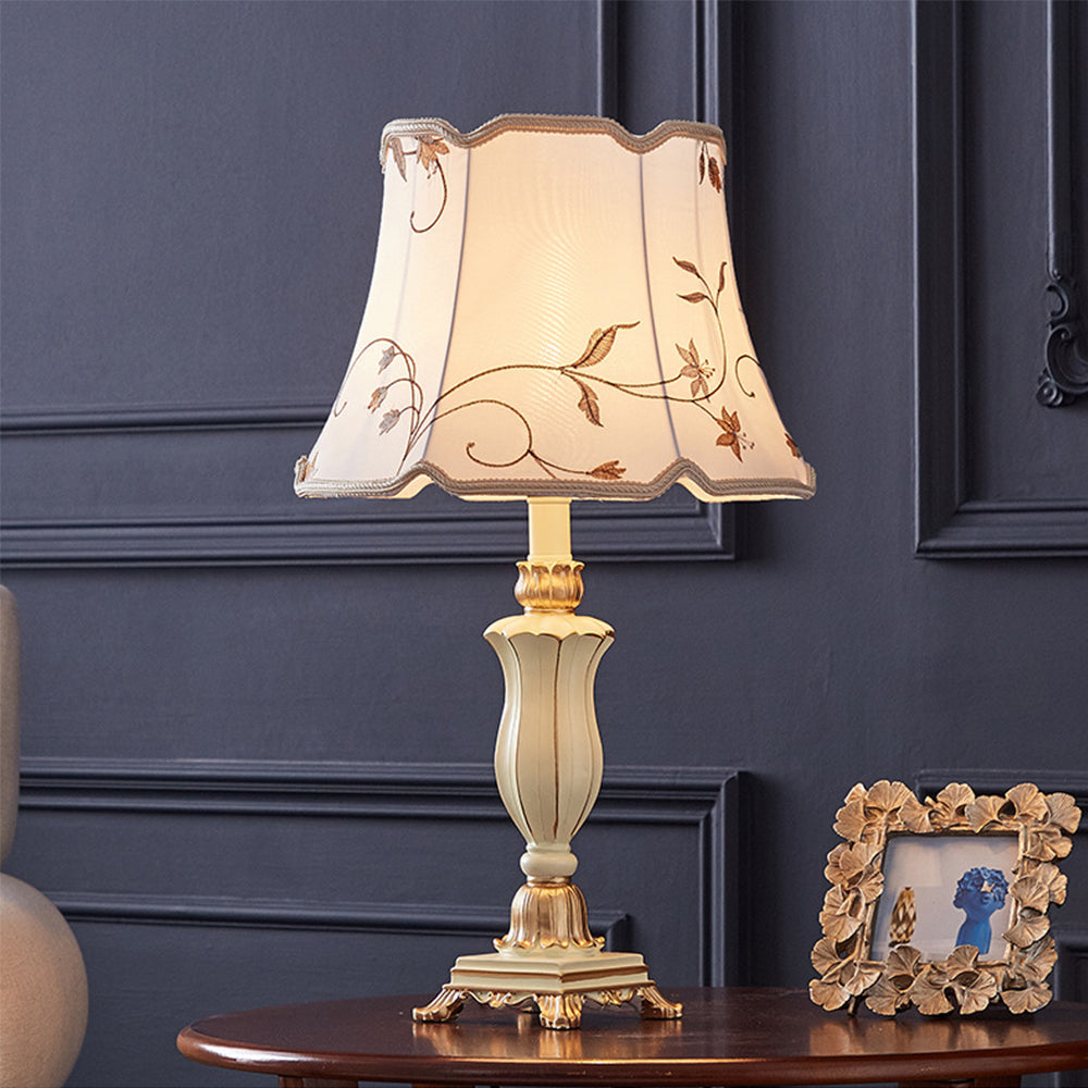 Traditional Table Lamps,Antique Brass Metal with Embroidered Beige Drum Shade for Living Room Family Bedroom Bedside Office