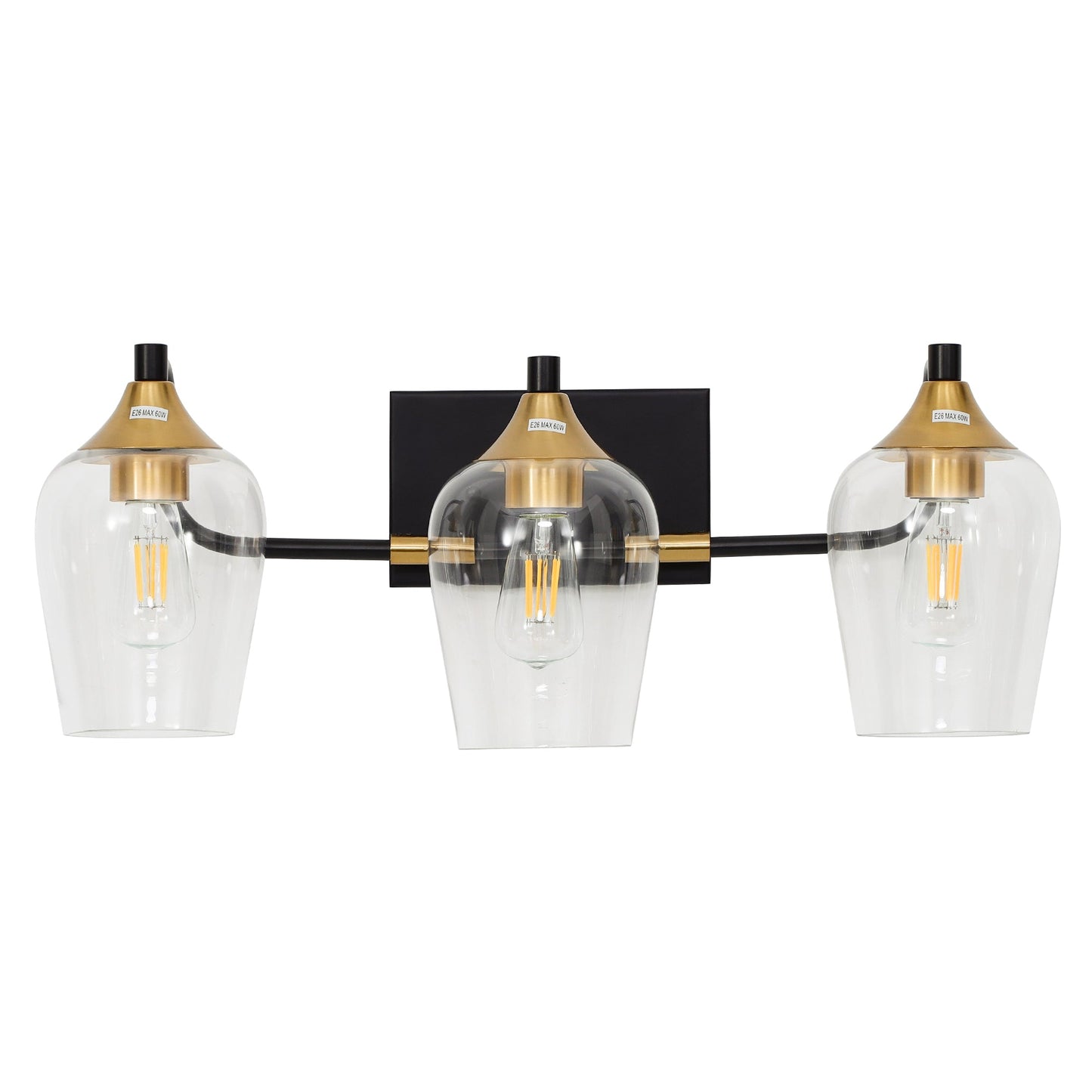 Vintage Bathroom Lighting Fixtures 3 Lights Matte Black and Gold Vanity Light with Clear Glass Shades Farmhouse Wall Lamp Sconce