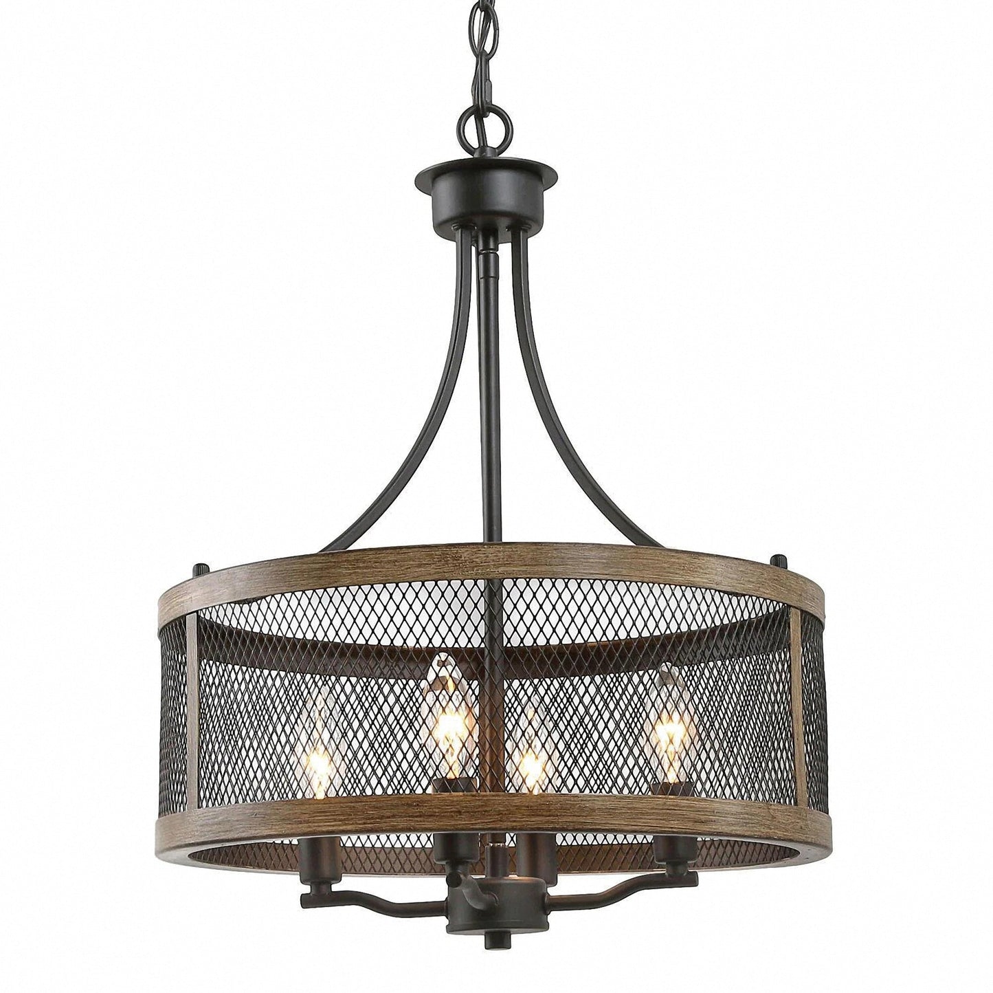 Black Caged Chandelier, Farmhouse 4-Light Drum Bronze Modern Round Chandelier Island Pendant Light with Faux Wood Accent