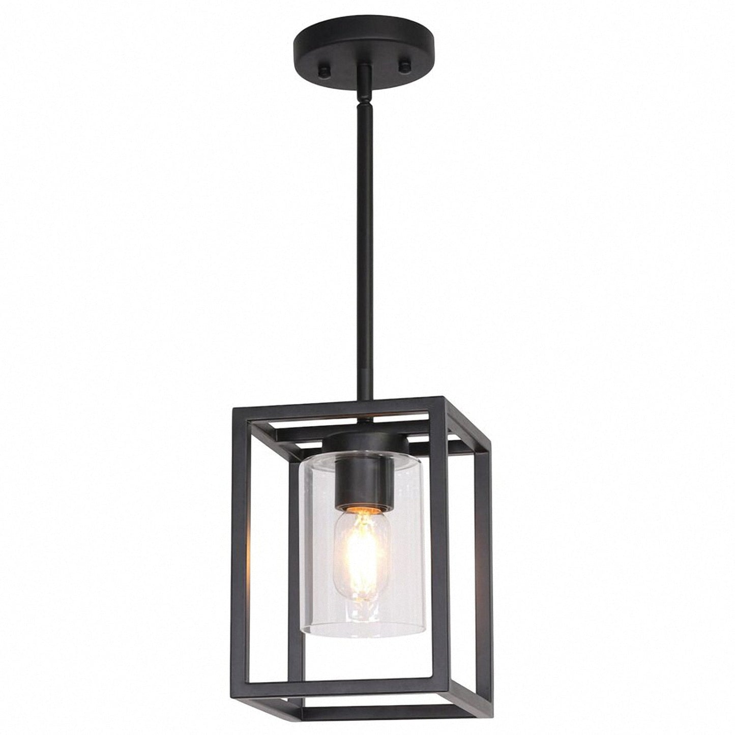 Farmhouse Glass Pendant Light, 1 Light Cage Hanging Pendant Lighting for Kitchen Island with Clear Glass Shade in Black Finish, Adjustable Length