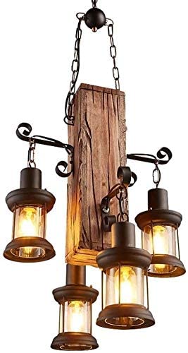 4-Light Wood Retro Chandelier Lighting,Industrial Pendant Vintage Black Metal Bedroom Restaurant Suspension Lamp Cage Frame,House Loft Bar Coffee Decoration Ceiling Lights