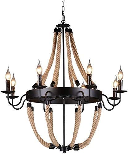 8 Light Farmhouse Chandelier Light,Metal and Rope Pendant Light Industrial Vintage Hanging Lamp,Ceiling Lighting Decorative Fixture -Black