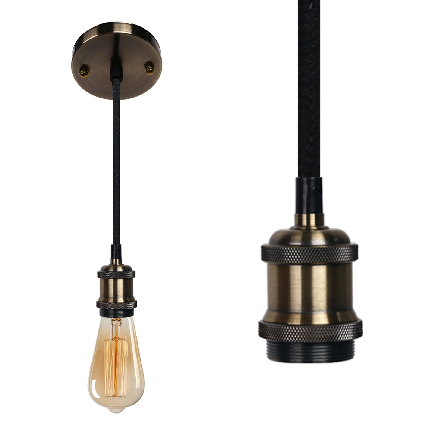 1-Light Pendant Light, Glossy Black Faux Ceramic Socket, Designer Black Cloth Hanging Cord,3PCS