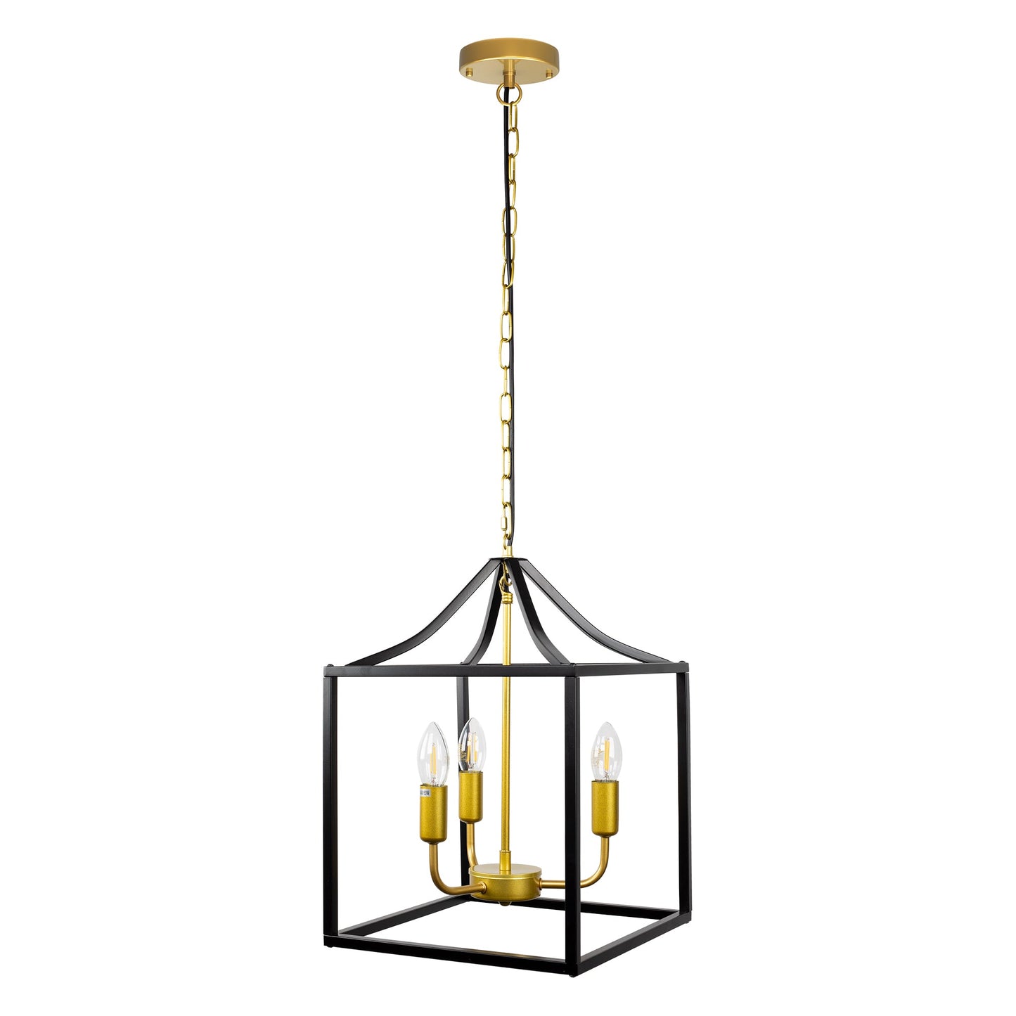 3-Light Lantern Pendant Light Hanging Light Fixture Geometric Chandelier with Adjustable Chain Metal Cage Pendant Lighting for Kitchen Island Dining Room Foyer,Black + Gold