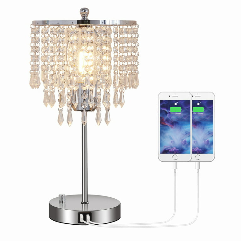Crystal Table Lamp Sets, Dimmable Nightstand Lamp with Dual USB Charging Ports, Bedside Desk Light for Bedroom Living Room Home Office