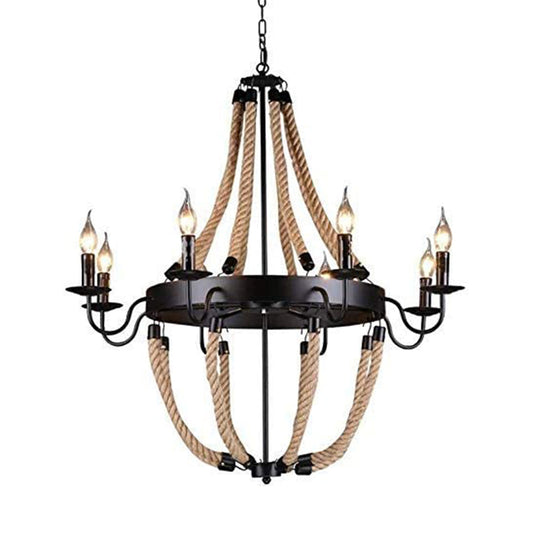 8 Light Farmhouse Chandelier Light,Metal and Rope Pendant Light Industrial Vintage Hanging Lamp,Ceiling Lighting Decorative Fixture -Black