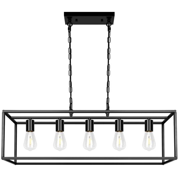 5 Light Modern Linear Chandelier,Black Farmhouse Kitchen Island Lighting,Industrial Dining Room Rectangular Light Fixtures for Living Room Foyer Bar