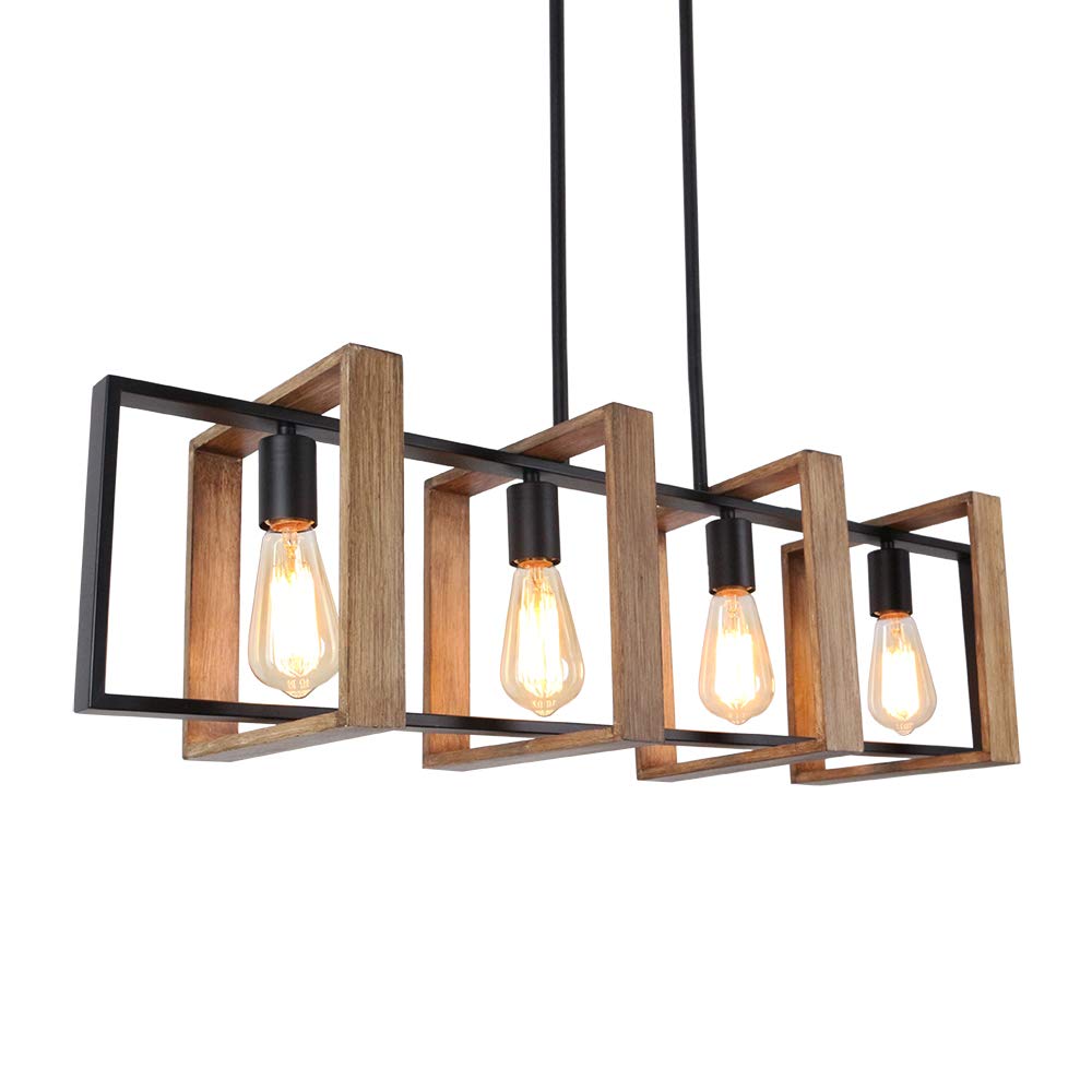 4 Light Kitchen Island Pendant Light, Dining Room Chandeliers for Foyer Hallway Living Room,Rectangular design,Black+Wood